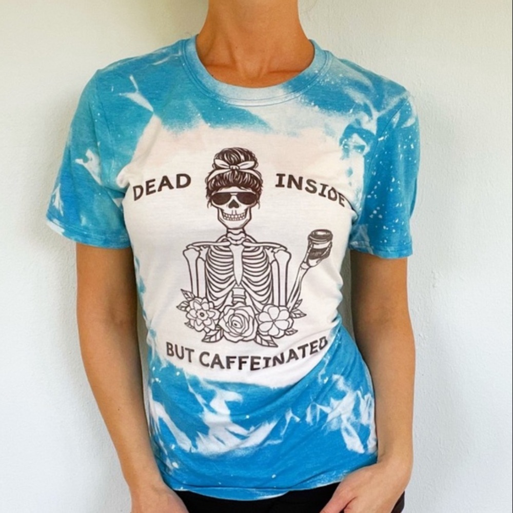Dead Inside blue tie dye coffee lover skeleton tee size small